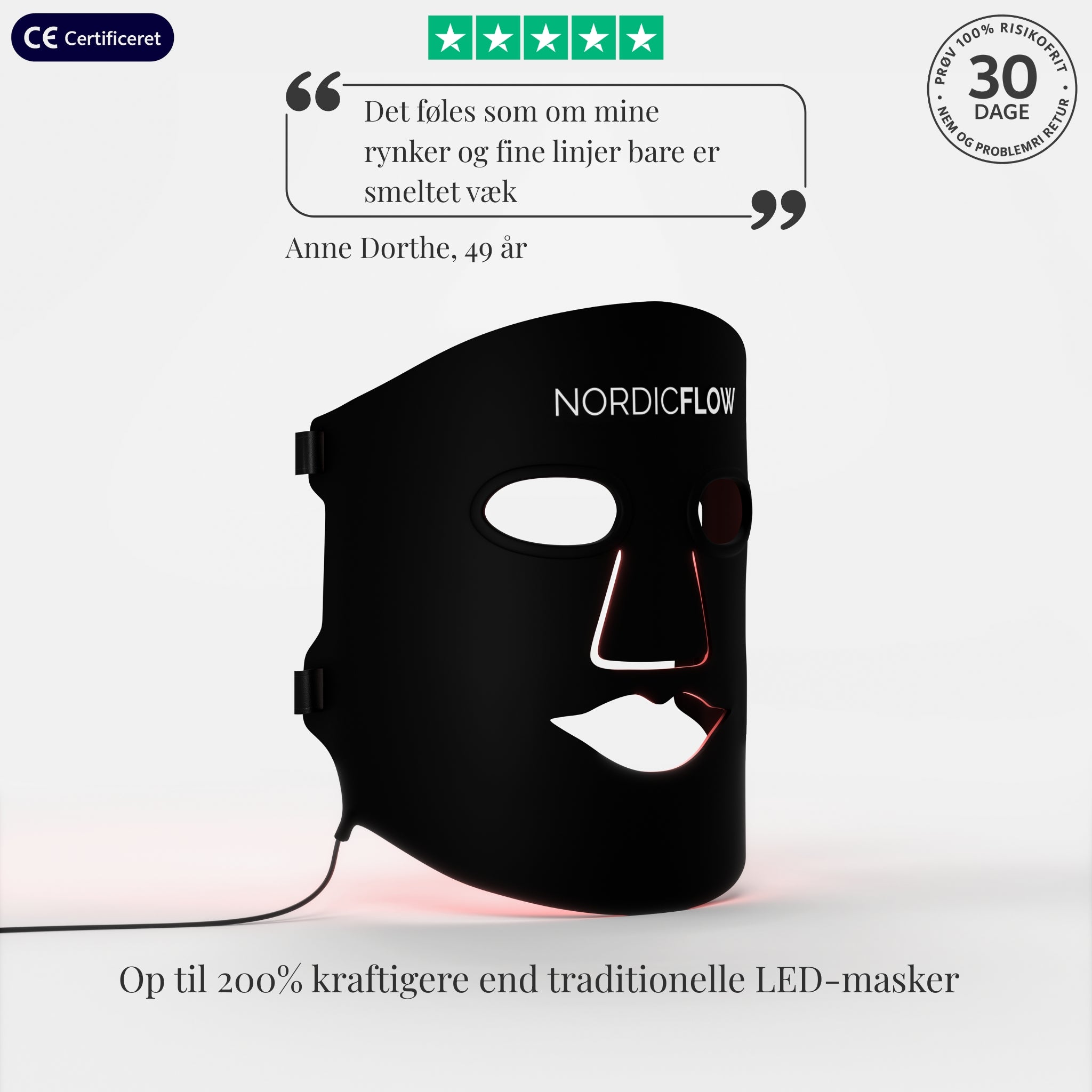 LED maske produkt showcase med tilfreds kundeudtalese