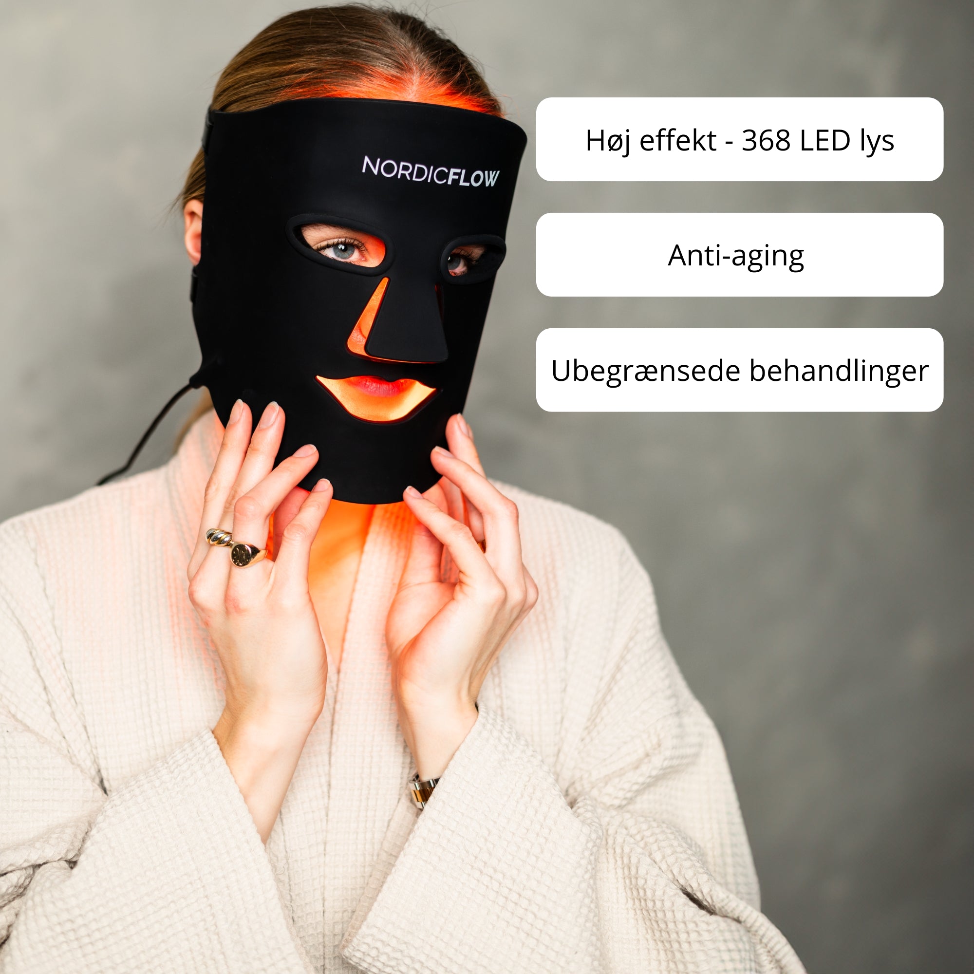 lysterapi maske på ung kvindes ansigt frontal produktfremvisning