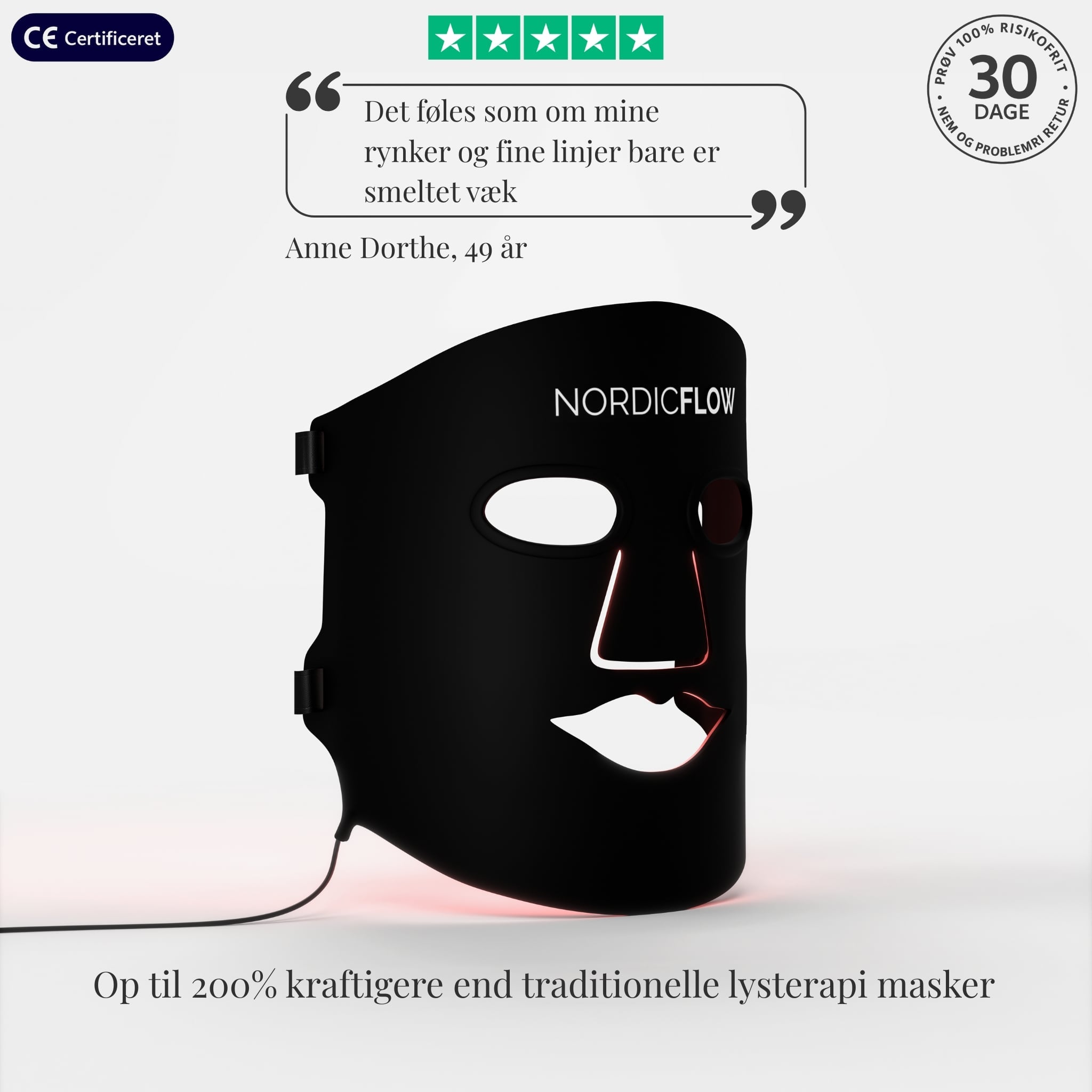 lysterapi maske i sort frontal produkt showcase med tilfreds kundeudtalelse